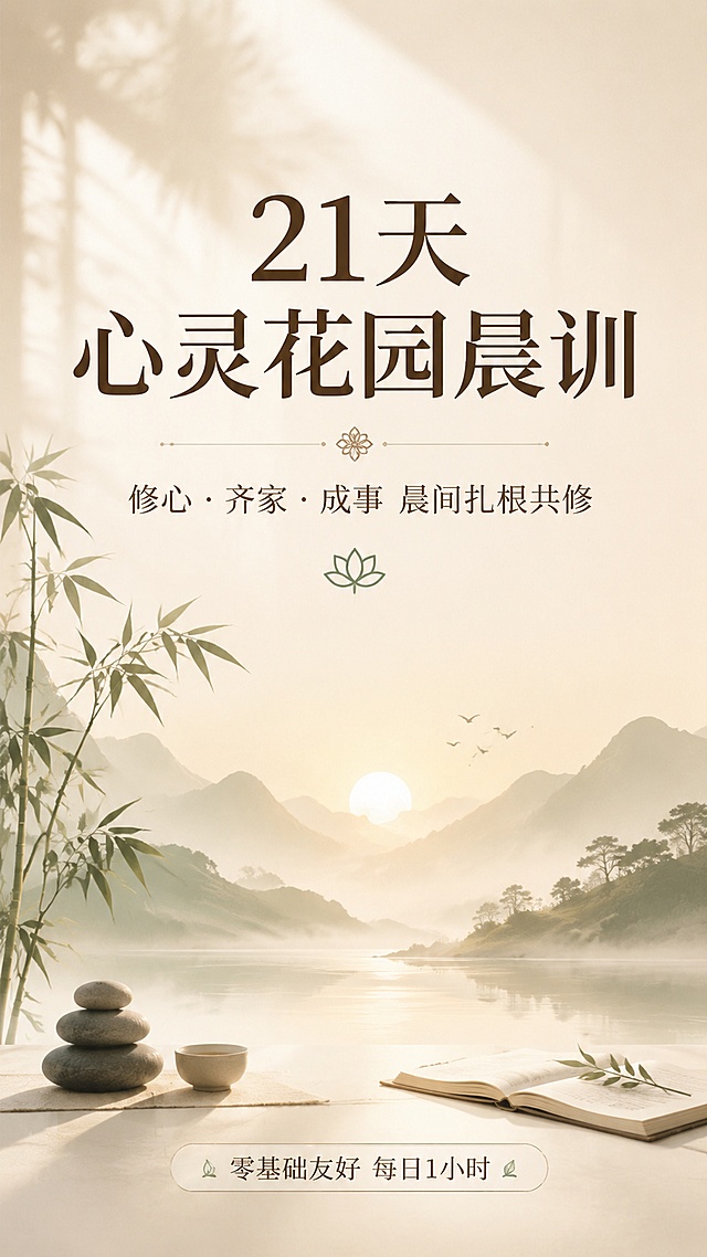 [第1屏] 21天心灵花园晨训课程详情页头图，主视觉展示课程名称与核心价值。
[氛围/风格] 温暖治愈国风禅意风，低饱和度暖米色背景，柔和光影，高级简约的知识付费视觉质感。
[元素布局] 画面中心偏上为大标题区，下半部分搭配简约禅意装饰元素，如远山、竹林、晨光剪影，留白充足不拥挤，整体透气舒适。
[光影质感] 顶部柔和漫射晨光，整体明暗均匀，阴影过渡自然，文字清晰突出。
[配色色系] 全局底色 #f5f1e9，主色暖米色，辅助色低饱和茶绿色，文字深棕色。
[视角构图] 居中对称构图，顶部标题，中部装饰，底部行动引导，阅读动线从上至下清晰流畅。
[文字版式] 主标题「21天心灵花园晨训」居中，副标题「修心·齐家·成事 晨间扎根共修」位于主标题下方，底部小字标注「零基础友好 每日1小时」，文字层级清晰，不遮挡装饰元素，字体柔美雅致。
[比例分辨率] 9:16竖版比例，4K分辨率，文字清晰可辨，高清画质。
[负向提示词] 文字错乱，文字过小，水印，杂乱背景，极端配色，夸张装饰，变形模糊