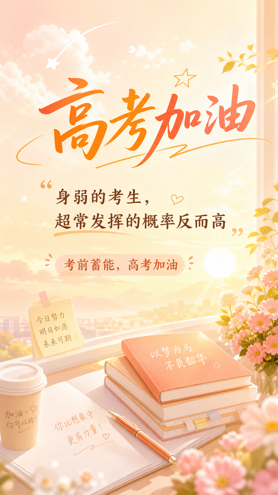 高考加油治愈风图文海报，暖色调背景，包含文字“身弱的考生，超常… - 图片创意预览