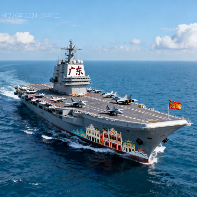 2026年2月24日星期二，一艘核动力航母广东舰在蔚蓝的海上航行，舰身主体为灰色，舰岛上有醒目的采用粤语字体风格的“广东”二字。甲板上停放着各种舰载机，舰身侧面绘制有广东特色的骑楼等岭南建筑图案，舰尾预览效果