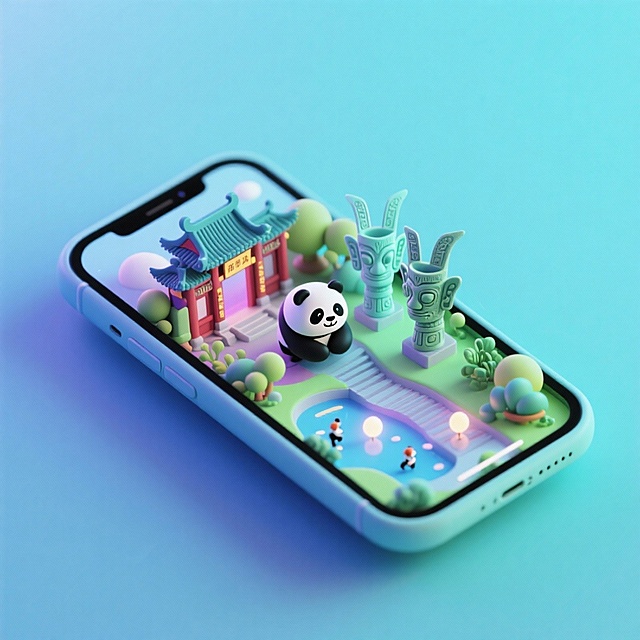 软3D风微缩艺术场景，可爱熊猫与传统建筑萌趣互动，梦幻清新色调，节日氛围浓厚。