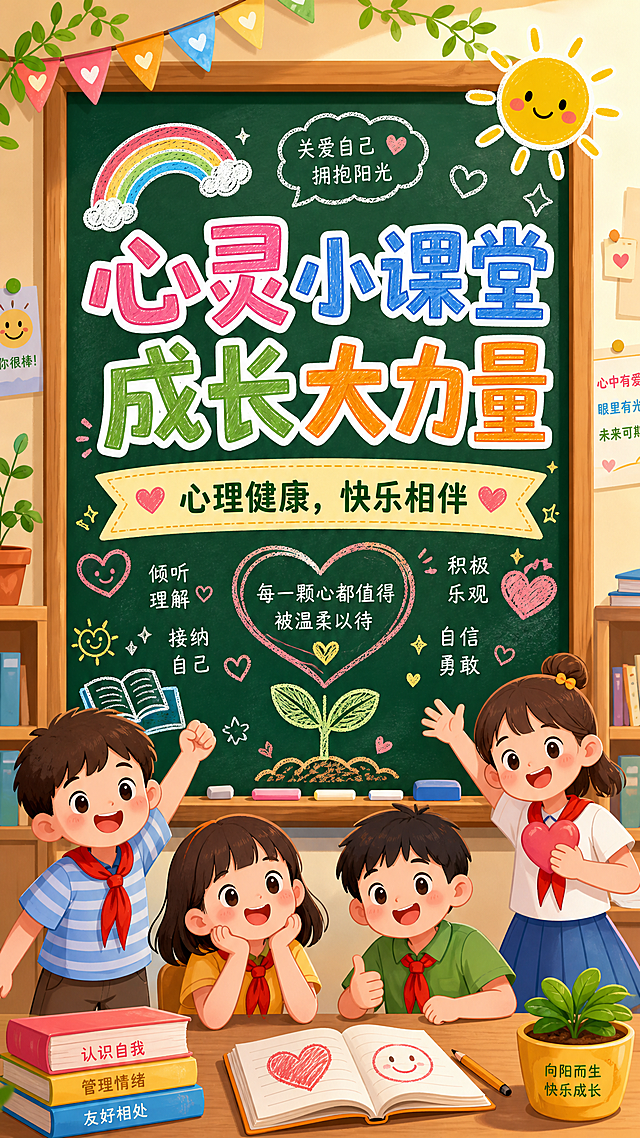 小学生心理健康主题电子海报，主题为"心灵小课堂，成长大力量"，口号是"心理健康，快乐相伴"，教室黑板背景，卡通风格，文字醒目清晰