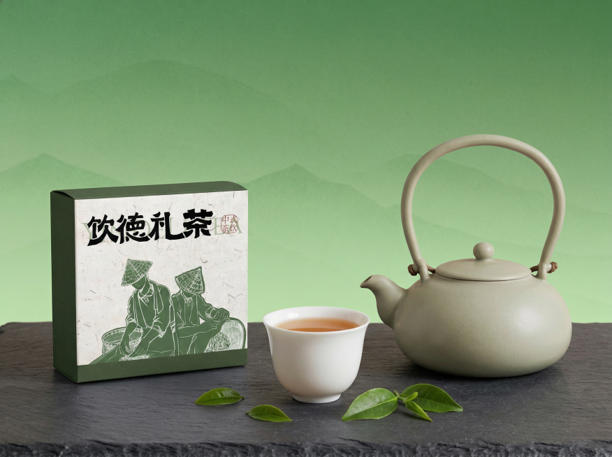 画面左侧放置“饮德礼茶”小包装盒（图3），完整保留包装细节；右侧摆放浅灰青釉陶瓷茶壶（图1），圆润壶身、弧形提梁、木质固定环细节完整；中间偏前位置放素白瓷茶杯，内盛茶水，杯口微敞。所有物体尺寸适当缩小预览效果