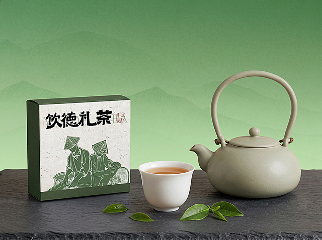 画面左侧放置“饮德礼茶”小包装盒（图3），完整保留包装细节；右侧摆放浅灰青釉陶瓷茶壶（图1），圆润壶身、弧形提梁、木质固定环细节完整；中间偏前位置放素白瓷茶杯，内盛茶水，杯口微敞。所有物体尺寸适当缩小，放置在深灰色岩板台面上，地面散落几片新鲜茶叶，自然光从上方投射，形成柔和阴影，预留更多空间显露背景。背景使用图2的浅绿色渐变山景，产品摄影级质感，静谧雅致氛围。
