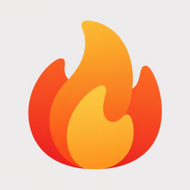 一个卡通风格的火焰图标，火焰主体由橙红色到黄色的渐变组成，线条流畅圆润，边缘清晰无锯齿，具有明亮的色彩过渡和简洁的造型，白色背景，呈现出扁平化的设计风格，整体视觉效果生动活泼，充满活力感。预览效果