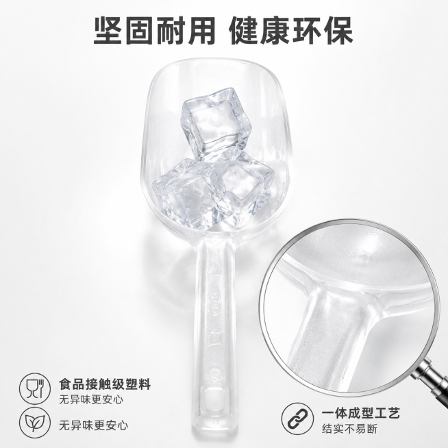 [主图-2] 塑料冰铲材质卖点与细节展示图。
[氛围风格] 专业品质静物展示风，突出材质通透感和结构牢固度；
[画质] 商业摄影质感，光线柔和通透，产品清晰真实，画面干净高级。
[元素] 选取最大号塑预览效果