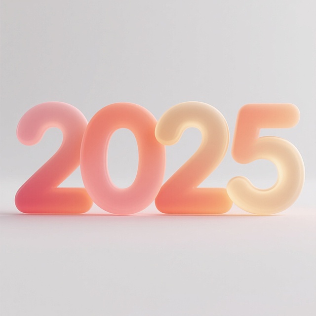 数字艺术风格的“2025”数字字体设计，采用无衬线体，字体饱满圆润，笔画边缘柔和，整体呈现从粉橙色到淡金色的渐变效果，色彩过渡自然平滑，光影柔和均匀，无明显阴影，背景为纯白色，简洁干净，视觉层级突出，仅包含核心数字元素，信息传达高效，具有现代简约的设计感，适合作为素材使用。