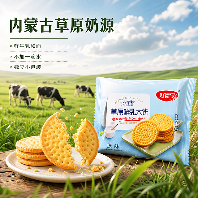 [主图-2] 核心卖点产地溯源展示图。[氛围风格] 美食治愈风，自然原生态氛围。[画质] 商业美食摄影质感，光线柔和通透，产品清晰真实，画面干净高级。[元素] 好德亨草原鲜乳大饼包装放置在画面右下侧，左侧背景融入内蒙古草原牧场实景，蓝天白云下绿油油草场，几头奶牛悠闲吃草，突出奶源产地优势。前景摆放两块掰开的饼干，掉出细碎饼干渣，展示酥脆口感。保持产品包装和饼干外观与原图一致，无变形色差。商品主体占比约65%，满屏无边框。[光影] 自然户外柔和光线，暖阳逆光勾勒饼干和包装轮廓，通透自然，草地层次感丰富，光影对比舒适。[配色] 主色调为草原绿色搭配奶黄色，清新自然，浅蓝包装和谐融入。[视角构图] 横向层次构图，前中后景分明，主体突出。[文字版式] 画面左上，大字写"内蒙古草原奶源"，深绿色粗体；下方用细引线标注核心卖点：「鲜牛乳和面」「不加一滴水」「独立小包装」，每点配浅色小圆点装饰，文字清晰不遮挡主体。[比例分辨率] 1:1比例，4k分辨率，文字清晰可辨，超高清。[负向提示词] 变形，水印，文字错乱，产品图模糊，背景杂乱，文字遮挡主体。