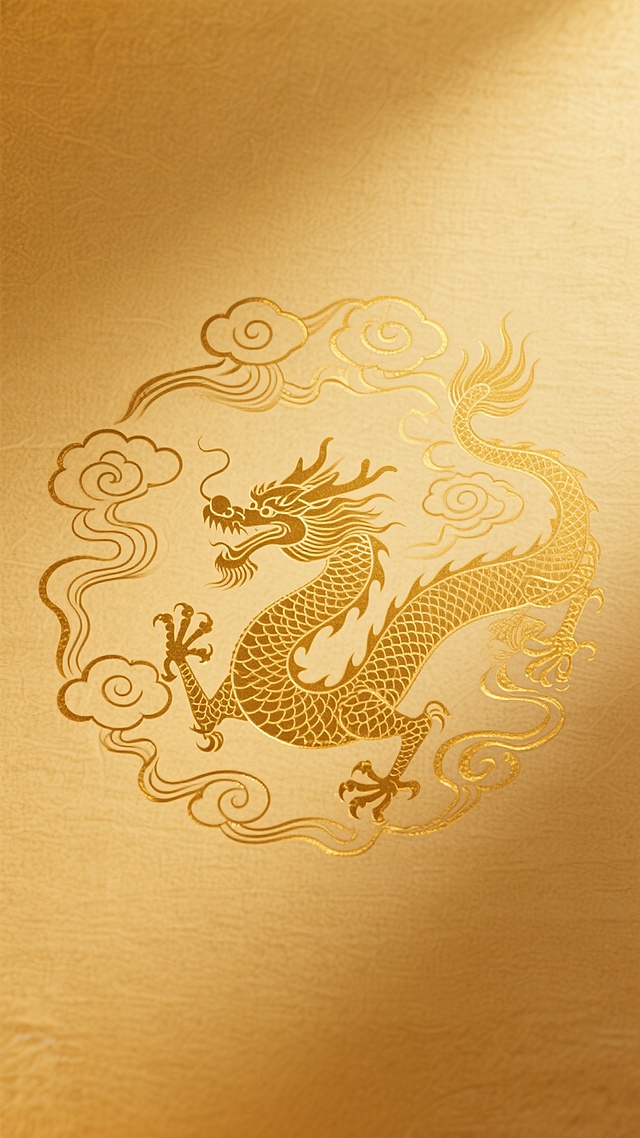 一张具有浓厚东方韵味的金色背景图，整体保持从浅金色到深金色的渐变过渡，主色调为温暖的金黄色系，色彩和谐统一。背景纹理改变为细腻的传统宣纸质感，表面带有轻微的纤维纹理和自然的米黄色底色。在金色渐变背景上，巧妙融入精致的龙纹与云纹元素，龙纹采用流畅的线条勾勒，姿态矫健，鳞片细节清晰可见，云纹呈卷曲飘逸状，环绕在龙纹周围，整体图案具有传统中国纹样的对称美感与韵律感。光影方面，保持柔和的光源效果，光线从上方略微倾斜照射，使得龙纹和云纹在金色背景上呈现出微妙的立体感和浮雕般的质感，高光部分集中在纹样的边缘，增强细节的清晰度，阴影部分自然过渡，营造出庄重而典雅的氛围。整体构图简洁大气，纹样分布疏密有致，既保留了金色背景的奢华感，又通过传统纹样和宣纸纹理的融入，彰显出浓郁的东方传统文化韵味和古典美学特质。