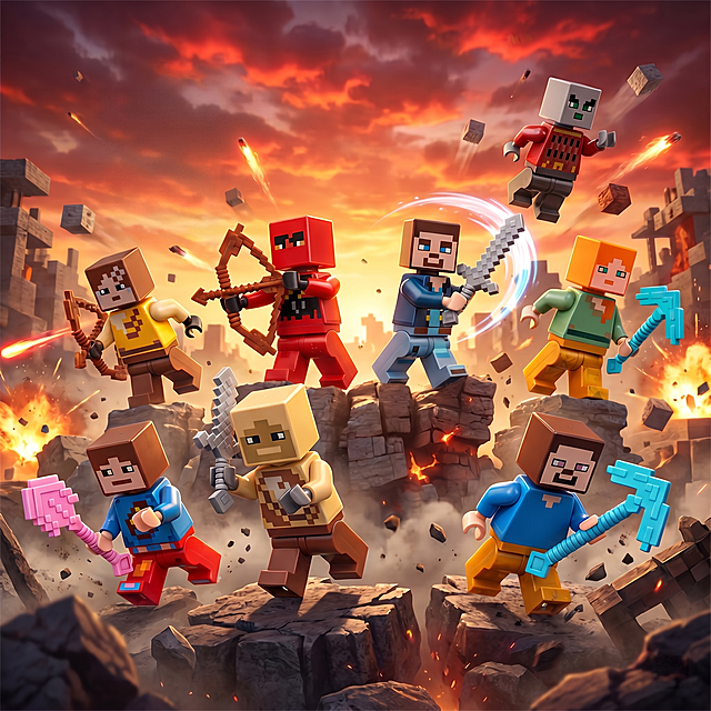 去掉画面左上角的人仔，保留其余7款我的世界人仔，维持生动形象、调整好的人仔比例以及热血战斗氛围，给所有人仔添加稳固站立点