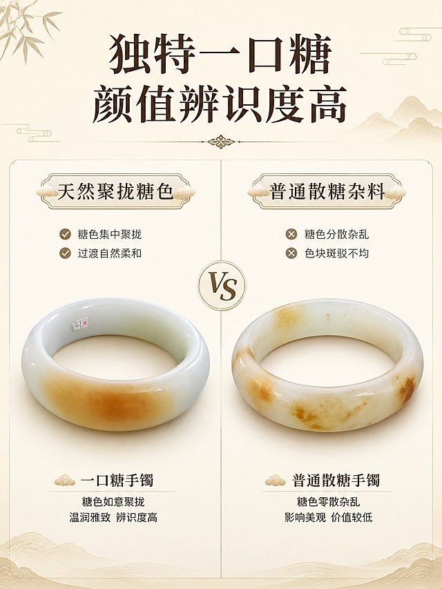 [第2屏] 特色品相卖点对比屏，展示和田玉一口糖手镯独特品相。本屏使用【图1】作为商品主体。
[氛围/风格] 清晰对比，国风简约，突出产品优势。
[元素布局] 画面左右分栏对比：左侧展示本产品手镯，糖色集中聚拢，过渡自然柔和，保留原图糖色位置与颜色特征；右侧示意图展示普通散糖杂料手镯，糖色散乱分布；左右均搭配标签，本产品手镯保留外形、颜色、结构与原图一致；背景留白区分，加入简约国风线条装饰。
[光影质感] 均匀柔光，产品清晰，对比分明，糖色层次感突出。
[配色色系] 全局底色 #FAF6F0，主色米白，辅助色浅棕对比线，深棕文字。
[视角构图] 左右对比构图，视觉动线从左上到右下。
[文字版式] 顶部主标题「独特一口糖 颜值辨识度高」，左栏标注「天然聚拢糖色」，右栏标注「普通散糖杂料」，文字清晰，不遮挡产品主体，字体大小适配移动端阅读。
[比例分辨率] 3:4 比例，4K分辨率，文字清晰可辨，高清画质。
[负向提示词] 产品变形，颜色错误，对比不清晰，文字错乱，文字过小，水印。