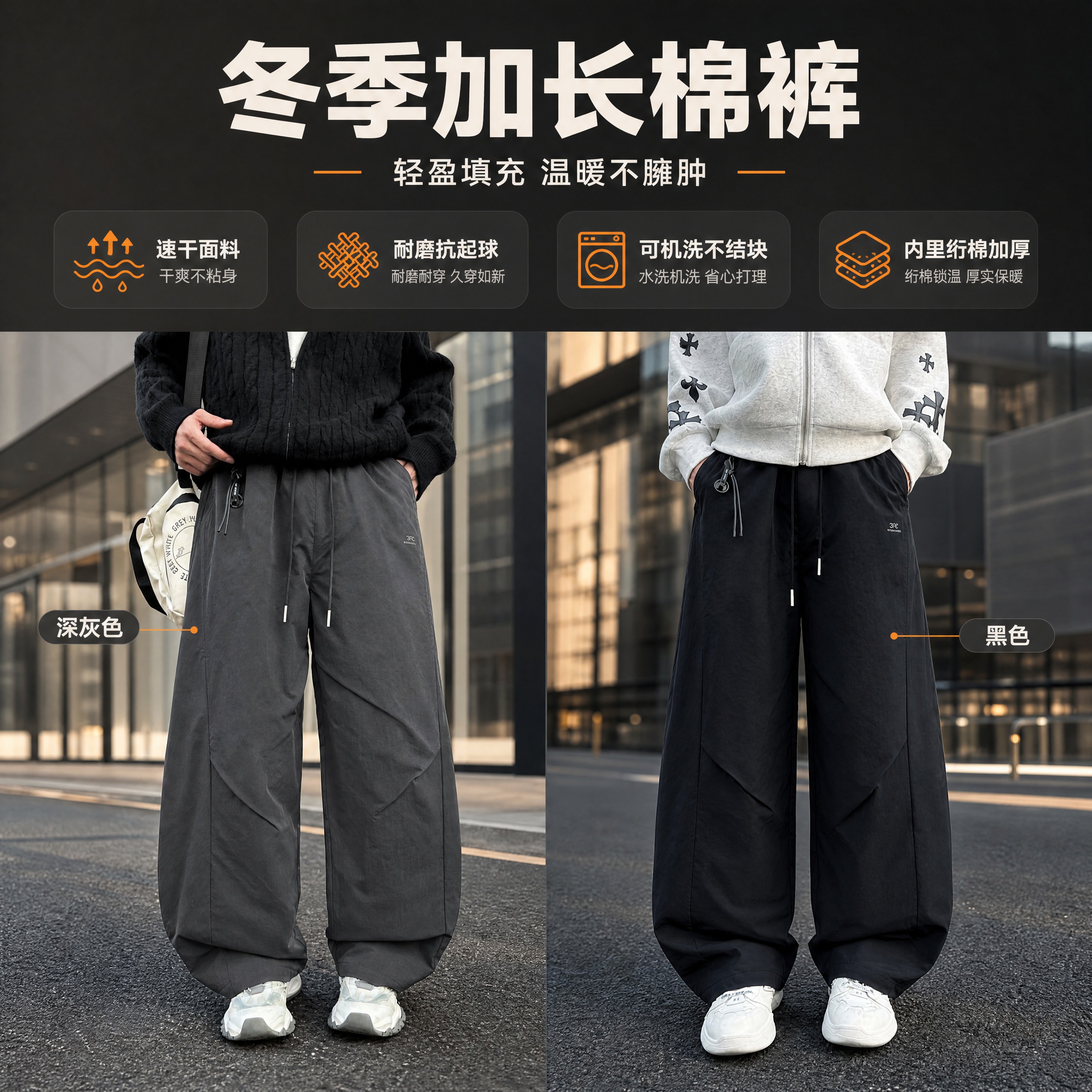 [商品] 使用【图2】深灰色冬季加长棉裤模特图、【图7】黑色冬… - 图片创意预览