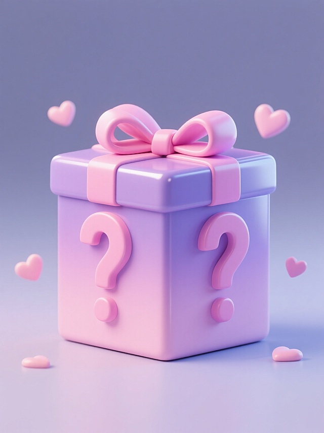 一套6张系列素材集合中的一张，简约现代风格，规整排布的单一盲盒元素图案，盲盒为立方体造型，表面光滑有光泽，呈现柔和的粉紫色渐变色调，顶部系有同色系的立体蝴蝶结，正面和侧面各有一个立体的粉色问号装饰，盲盒周围散落着几个小巧的心形装饰，整体置于纯色背景上，无任何文字、logo和水印。