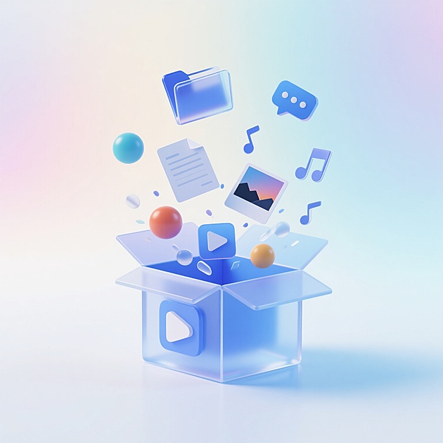 轻量毛玻璃风格，画面中心是一个打开的盒子图标，图标的上方飘着玻璃质感的文件夹和对话框，文档、图片、音频、视频、圆球等元素从盒子里喷出，背景为浅色炫彩渐变的白蓝色，整体透明感强，元素分布均匀，构图平衡