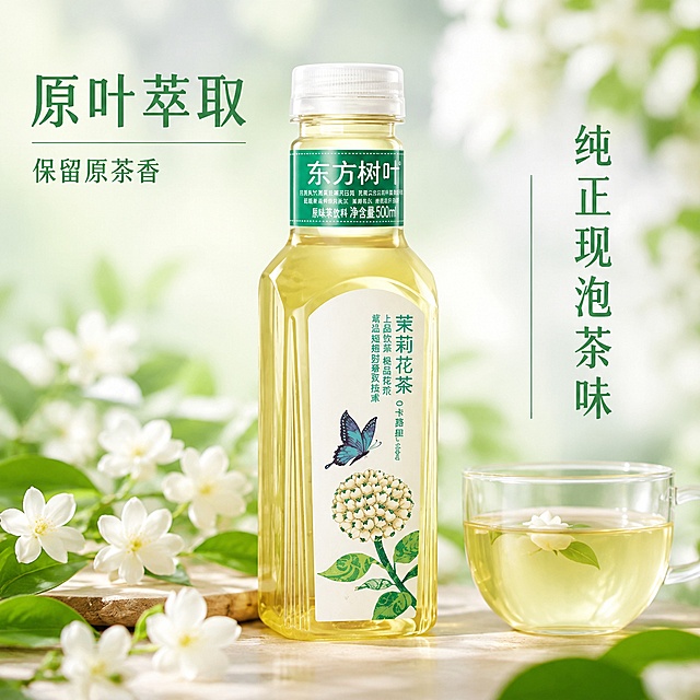 使用电商主图技能按照上面风格再生成8张比例1:1的电商主图，适配平台为淘宝/天猫，商品为「图片1」「图片1」，商品卖点为东方树叶茉莉花茶，原叶萃取 纯正现泡茶味 优质原料，0糖0卡Q脂0香精0防腐剂