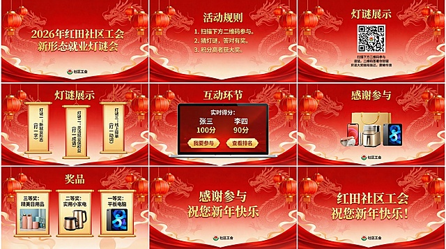 基于主视觉画面，完成《2026年红田社区工会新形态就业灯谜会》整套幻灯片排版，包含主题页、活动规则页、灯谜展示页、互动环节页、奖品页、结束页，统一采用红金配色，融入灯笼、龙纹元素，页面布局清晰，文字信息层级分明