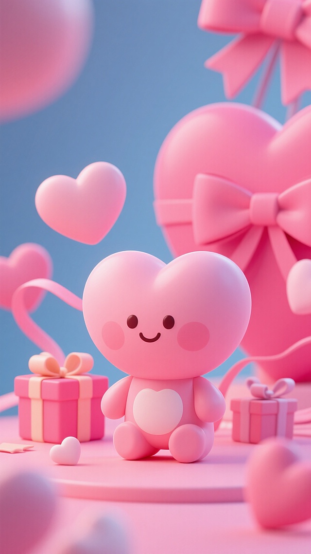 情人节海报，粉红色调，温馨氛围，软3D风格，画面中可以有爱心、丝带、礼物盒等元素，整体构图浪漫甜蜜