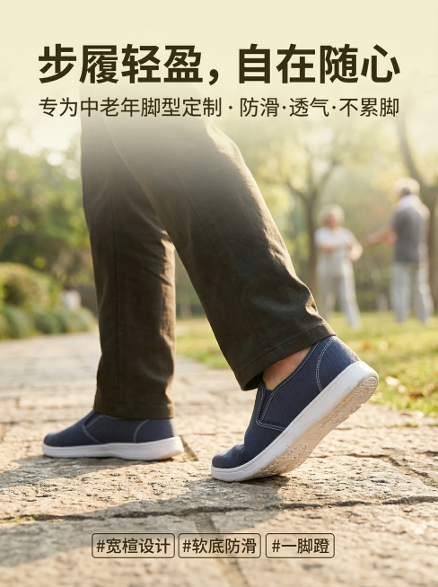 天猫详情页首屏海报，高清摄影，一位60岁左右慈祥微笑的中国男性，穿着深色休闲裤和这款精致深蓝色中老年男士布鞋，正走在阳光明媚的公园石板路上，光线柔和温暖，背景是虚化的绿树和晨练人群，特写脚部，展示鞋子预览效果