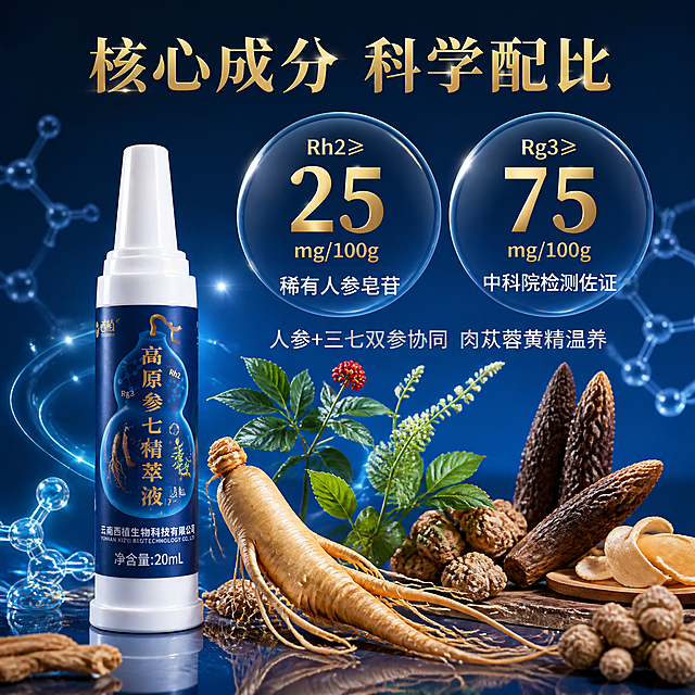 [主图-2] 核心成分卖点图，展示高含量稀有人参皂苷与复配草本配方优势。
[氛围风格] 高端科技草本风，专业可信，成分可视化；
[画质] 商业摄影质感、光线通透、产品清晰、细节丰富、超高清；
[元素] 画面左侧为1支高原参七精萃液支装瓶特写，瓶身文字清晰。右侧及周围环绕核心原料元素：人参整株（带须根）、三七植株、肉苁蓉、黄精等草本原料，真实质感，摆放自然。背景为藏蓝色渐变，带有淡蓝色分子结构光点与科技感光效。画面中有半透明圆形成分信息卡片悬浮，展示核心数据。**保持支装产品外观（物理结构、材质质感、颜色、包装图案）与输入产品图一致，杜绝变形色差，瓶身文字清晰**。商品主体占比约40%，原料元素丰富分布。
[光影] 顶部柔光均匀打亮，原料有自然阴影，瓶身有通透光泽与液体折射效果；分子光点有自发光效果，整体明亮通透。
[配色] 主色藏蓝（背景）；辅色金色（数据数字、标题）；点缀色草本绿（原料叶片局部，占比<15%）、浅蓝（光效）。
[视角构图] 平视角度，产品在左，原料与信息卡片在右中，构图均衡；景深中等，主体清晰。
[文字版式] 上方居中主标题："核心成分 科学配比"，金色粗体；下方左右分布两个信息卡片：左侧卡片大字"Rh2≥25mg/100g"金色超大号数字，下方小字"稀有人参皂苷"白色；右侧卡片大字"Rg3≥75mg/100g"金色超大号数字，下方小字"中科院检测佐证"白色；底部一行小字："人参+三七双参协同 肉苁蓉黄精温养"，白色细体。文字均放在负空间，不遮挡产品主体。
[输出要求] 1:1比例，文字清晰锐利，超高清商业摄影质感；
[负向提示词] 变形，文字错乱模糊，产品模糊，背景杂乱，水印，电商平台Logo，多余的手，畸形手。