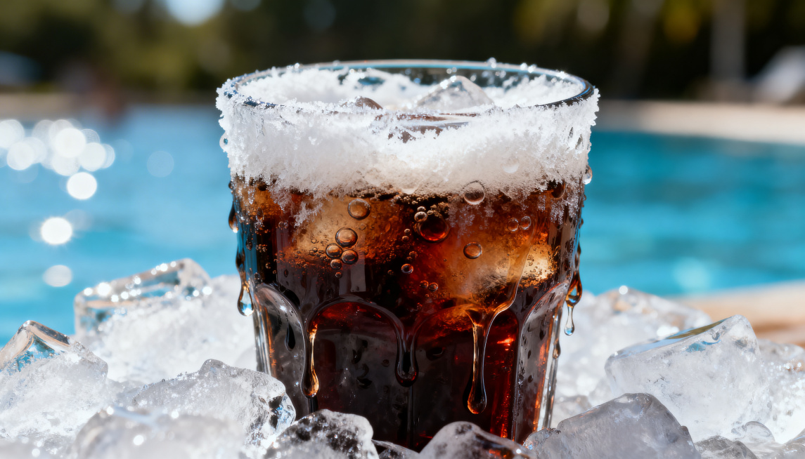 一杯冰可乐，杯身布满冰冷凝结的白霜，周围环绕着清爽的冰沙和流淌的冰水，背景是明亮热烈的夏日户外场景，画面高清逼真，质感强烈预览效果