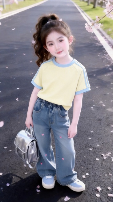 把图1的短袖和牛仔裤给图的2的人物穿上，保留原场景光影，保持图2的人物的五官和发型不变，图片宽高尺寸不变，背景不变，鞋子不变，人物姿势不变，保持图1的短袖和牛仔裤的款式和颜色不变预览效果