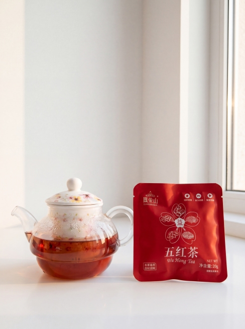 简约桌面冲泡场景，五红茶独立包装和玻璃花茶壶组合展示，严格参照上传产品图，完整保留包装所有可见信息，与上传图完全一致。茶壶中已经泡好红褐色五红茶汤，包装直立在侧，整体干净简约。
卖点：一撕即泡，便捷享预览效果