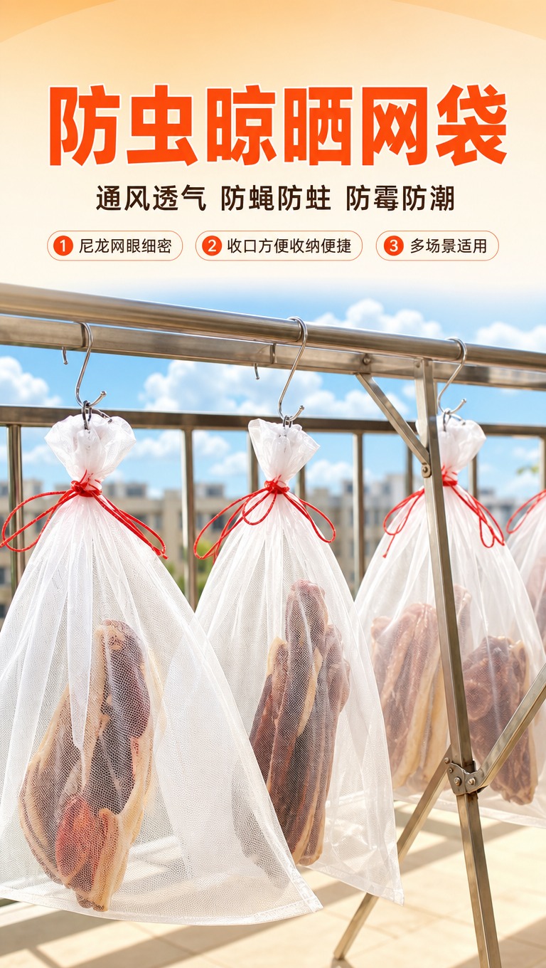 [商品] 使用【图1】白色尼龙防虫网袋，袋内悬挂腊肉；商品处理… - 图片创意预览