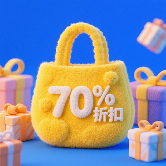 软3D风促销设计，毛发生长质感手提包，70%折扣醒目展示，节日氛围浓厚。