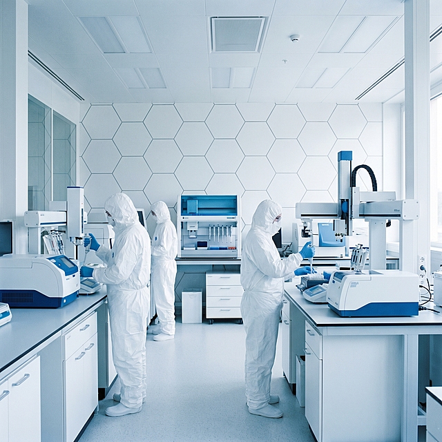 一个干净规整的现代化实验室场景，写实风格，蓝白色调为主，光线明亮柔和，具有清晰的光影层次和细腻的质感表现。画面中有身着白色防护服的研究人员在先进的白色和蓝色精密仪器设备旁工作，背景是带有规则几何图案的白色墙面。构图采用三分法，空间感强，整体氛围专业、严谨、科技感十足，适合作为背景使用。