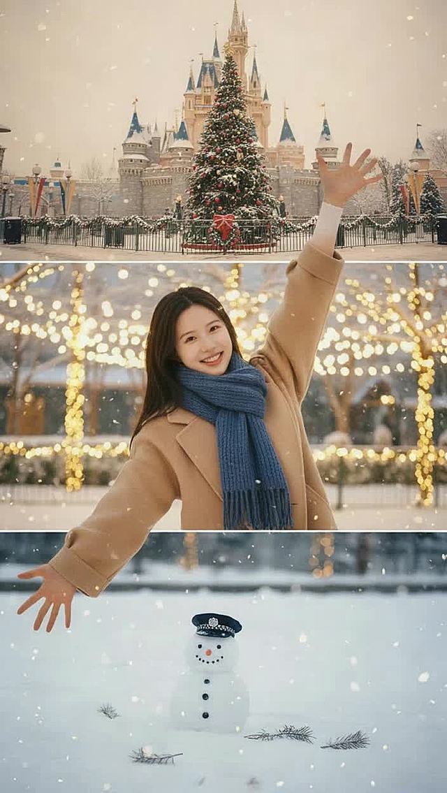 女生穿米色廓形大衣、蓝色围巾，面向镜头微笑。三宫格冬季雪天场景，三宫格的高度完全相等：第一张是游乐园城堡场景，屋外有一颗圣诞树；第二张为冬季户外场景，有很多节日彩灯；第三张为冬季户外雪地场景，雪地上有一个戴警帽的可爱雪人，雪人旁散落几片松针。