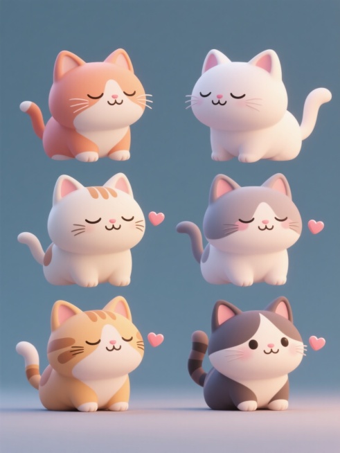 一套6个不同配色、不同品种的可爱猫咪3D卡通形象集合，每个猫咪都保持着圆润饱满的Q版造型，具有光滑细腻的材质感和柔和的光影效果，像原图一样拥有紧闭的双眼、微笑的嘴巴和翘起的尾巴，每个猫咪旁边都有一个小巧的心形元素，它们被规整地排列在纯色背景上，整体风格统一但色彩各异，营造出欢快治愈的氛围。预览效果