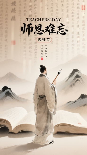 国风教师节主题插画，主体为一位身着传统长袍、手持毛笔的古代文人形象，背身立于画面中下部。构图采用竖版布局，上方有醒目的 “TEACHERS' DAY” 英文与 “师恩难忘” 书法字体，下方配有 “教师预览效果