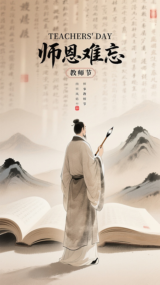 古典中式插画风，水墨山水背景，大字“师恩难忘”突出教师节主题。