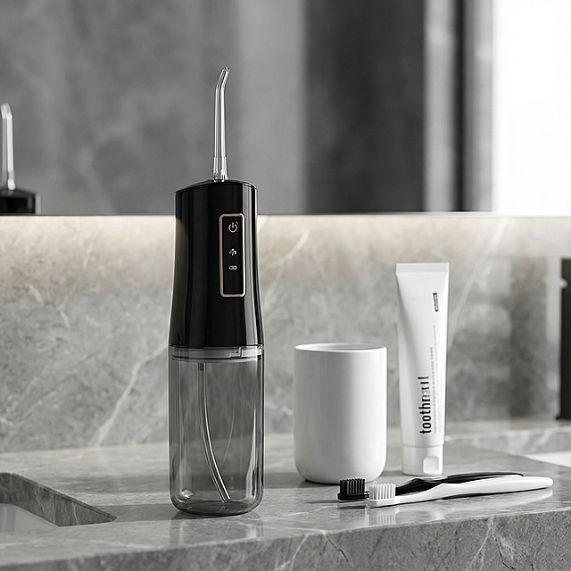 帮我生成一张这个黑色冲牙器的场景图