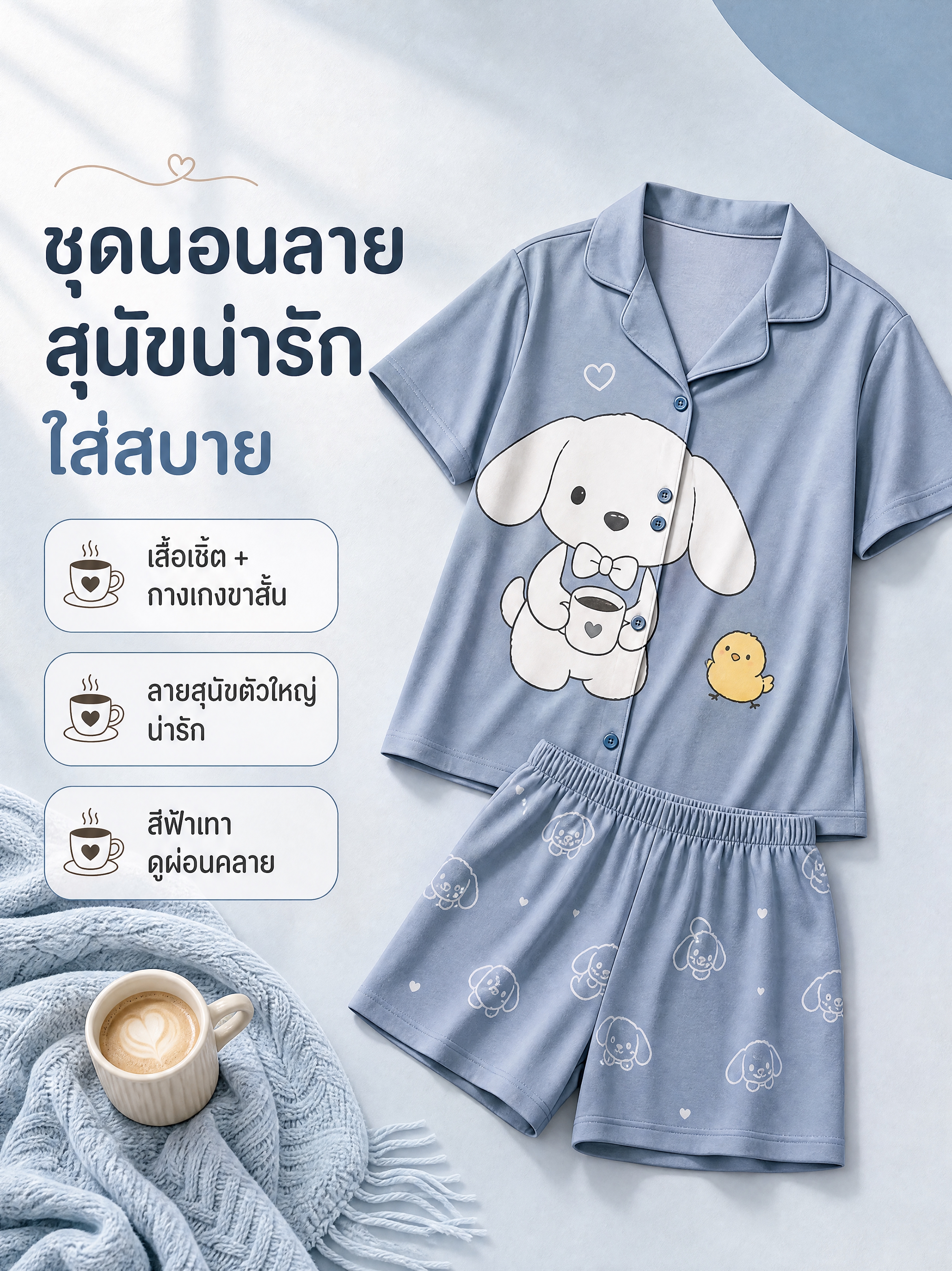 [商品] 原创设计灰蓝色翻领开襟短袖衬衫+短裤睡衣套装；灰蓝色… - 图片创意预览