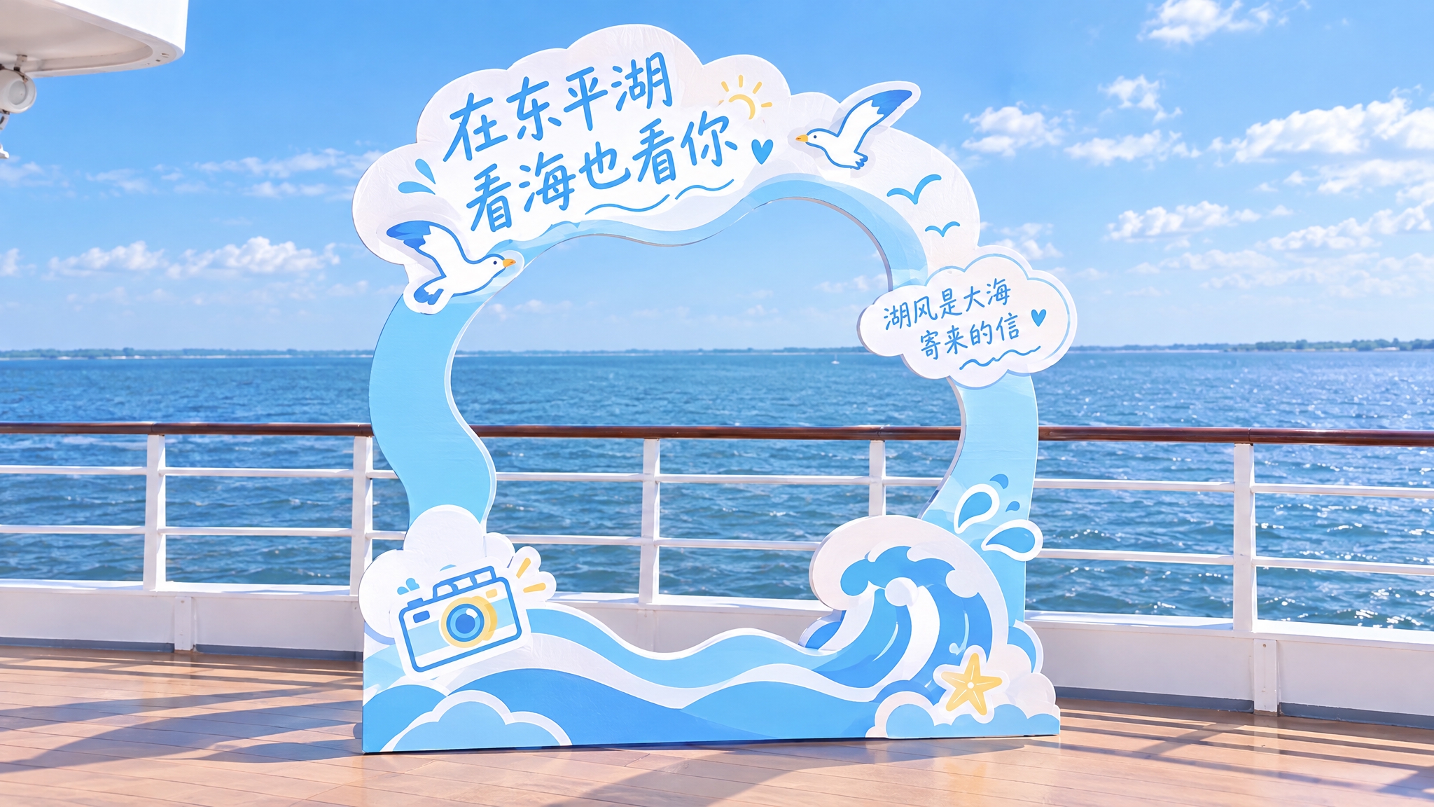 参考图中打卡牌设计风格，生成第一个东平湖看海主题镂空打卡牌：延… - 图片创意预览