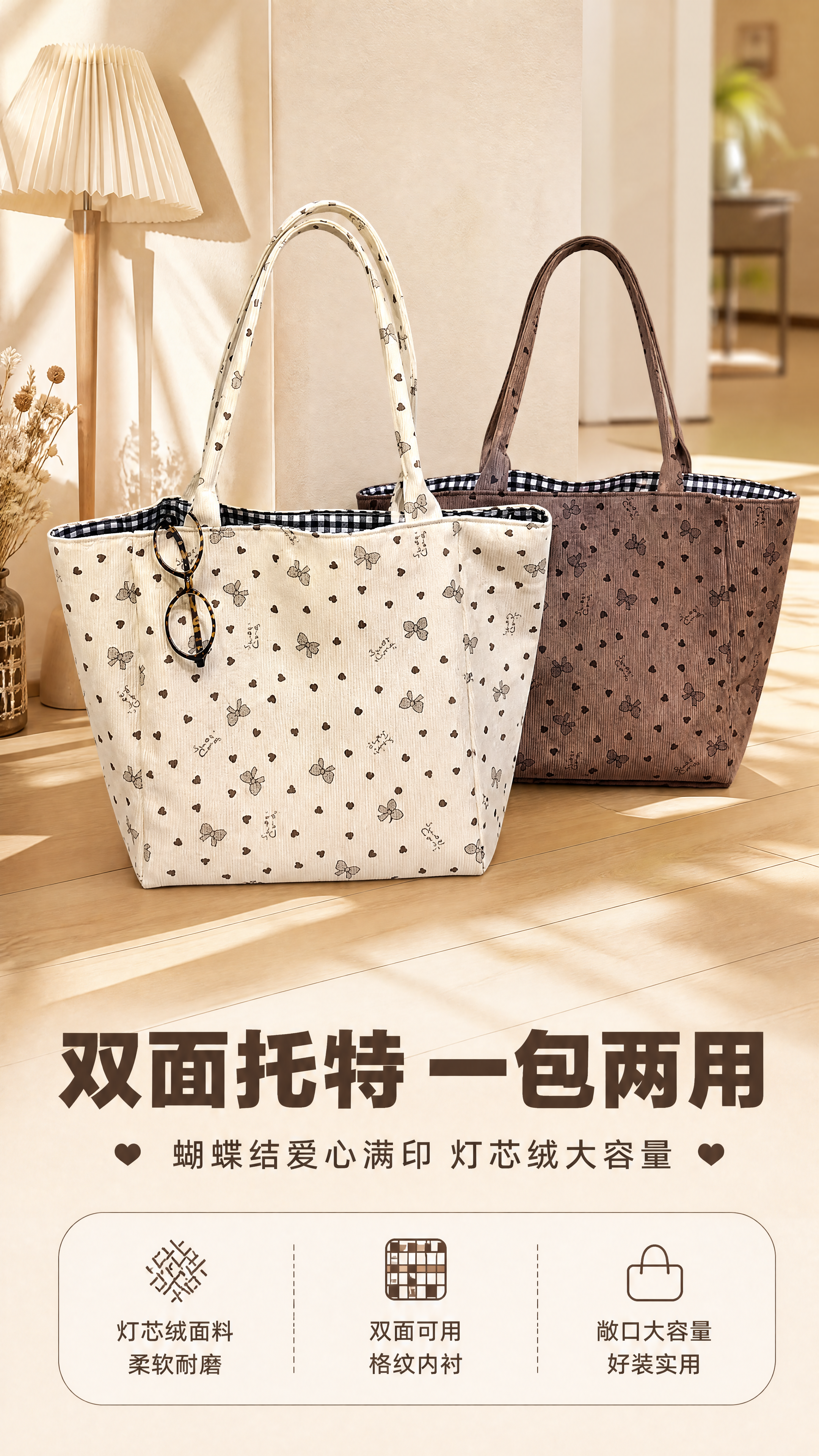 [商品] 使用【图1】米白色蝴蝶结爱心满印灯芯绒托特包和咖棕色… - 图片创意预览