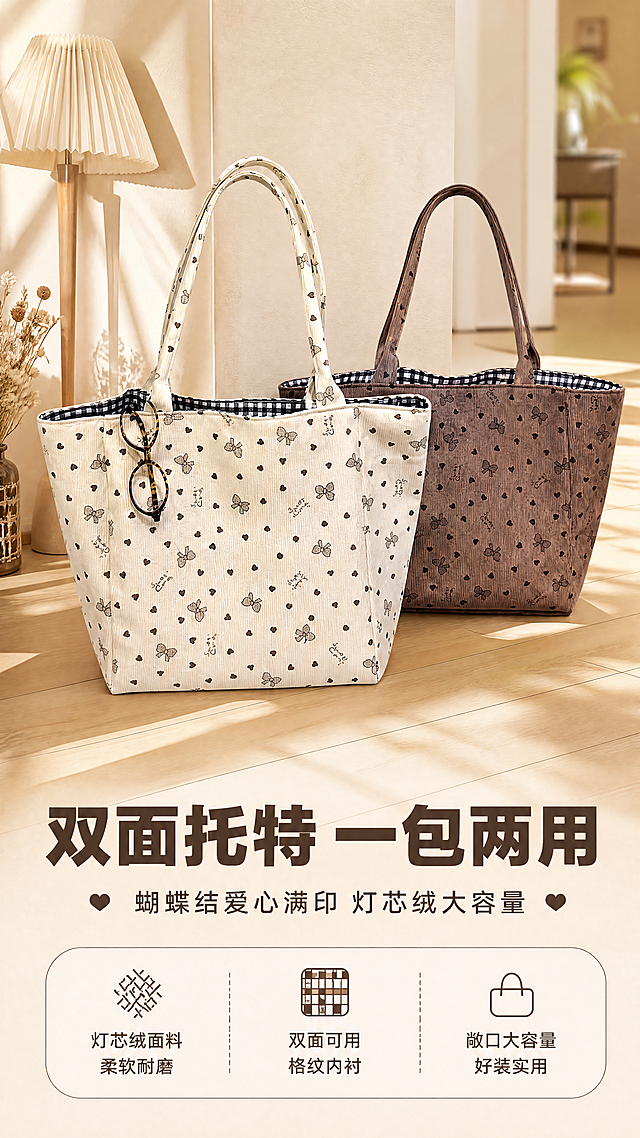 [商品] 使用【图1】米白色蝴蝶结爱心满印灯芯绒托特包和咖棕色同款托特包；保留包的整体版型、敞口设计、宽肩带、黑白格纹内衬、蝴蝶结与爱心满印图案、灯芯绒面料质感、缝线细节；自然理顺包型，增强面料纹理与挺括感，不改变包的结构和颜色。
[画面] 目标：风格头图海报，双色同框出镜，突出一包两用双面托特的核心卖点。构图：上下分层，上方主视觉区放置两款包包，米白在前咖棕在后错落摆放，包包占画面60%；下方信息区放文案。景别：中景全景。场景：温馨明亮的室内玄关角落，米杏色墙面+浅木色地板，旁边有简约落地灯和一束干花作为氛围道具，自然光从侧面洒入，柔和温暖。阅读动线：从上到下，先看包包再看文案。前中后景：前景包包主体，中景墙面与落地灯，后景虚化的室内空间。
[视觉] 套系策略：风格=拼多多电商详情页风格，接地气高性价比感，暖调柔和自然光，画面干净通透；标题字=粗黑体加粗，醒目有力；正文字=常规黑体，清晰易读；主色=暖米杏色；背景延展=基于暖米杏做深浅层级、同色渐变和细腻墙面/纸张质感；强调色=深咖棕色，仅用于小面积图标、引线、标签和重点文字高亮；标题色=深咖棕色；正文色=深灰色；组件=圆角浅底信息卡、细线引线、小标签；光影=左前侧暖柔光，柔和自然阴影。
[文字] 主标题"双面托特 一包两用"，副标题"蝴蝶结爱心满印 灯芯绒大容量"，3个短卖点：「灯芯绒面料 柔软耐磨」「双面可用 格纹内衬」「敞口大容量 好装实用」，文字位于画面下方信息卡内，横向排版，不遮挡包包主体，手机端清晰可读。
[规格] 图片比例9:16竖版，分辨率4K，质量medium，避免变形、错字、文字过小、冷蓝背景、包型失真、图案错乱、多余水印。