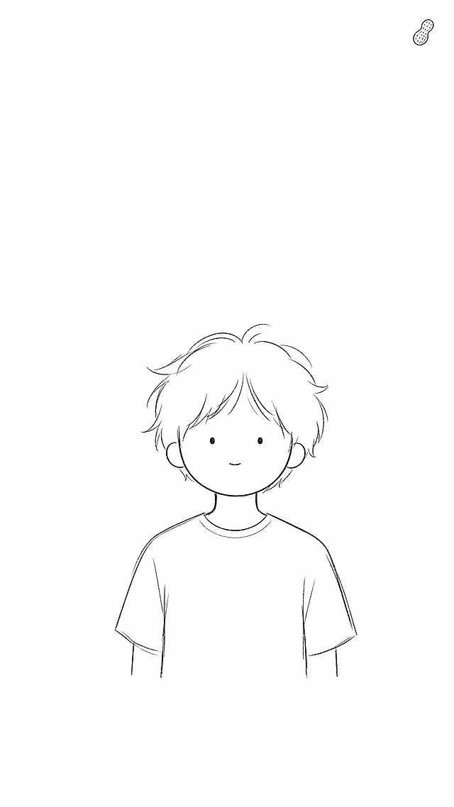手绘涂鸦风格，极简简笔画，黑白线稿，随意铅笔线条，温馨日记漫画风格，干净白色背景，大量留白，纯线条艺术，9:16 竖屏格式，同一简笔人物正面半身，圆形头、点状眼，表情微微上翘的嘴角（一根弧线），直视前方，身体占画面中下三分之一，线条简洁柔和，头发线条比参考图更蓬松放松，呈现聊天松弛状态，画面下半部留空给字幕，右上角用铅笔线条勾勒极小的花生logo，整体人物线条疏朗轻快，纯白背景无装饰线，简洁收底