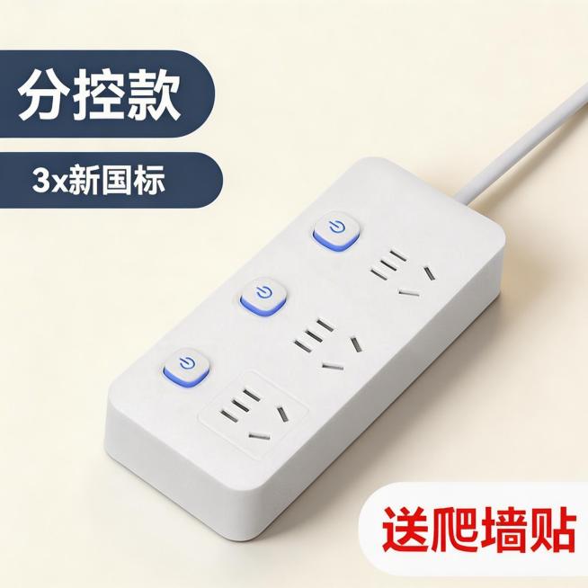 将图片中的插线板修改为1:1比例的简约奶白背景，保留产品本身的文字信息和插线板外观结构，添加自然柔和的投影，提升产品质感，整体风格简约统一，符合拼多多平台商品SKU图需求，吸引消费者购买预览效果