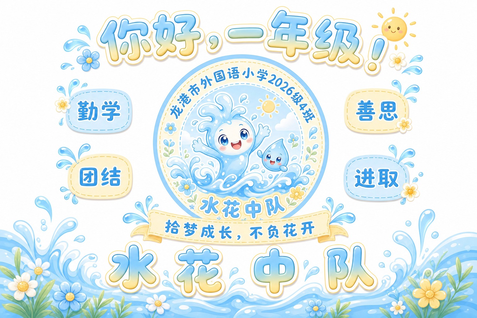 参考图三的整体版式结构和布局比例，做一张水花中队主题设计。顶部… - 图片创意预览