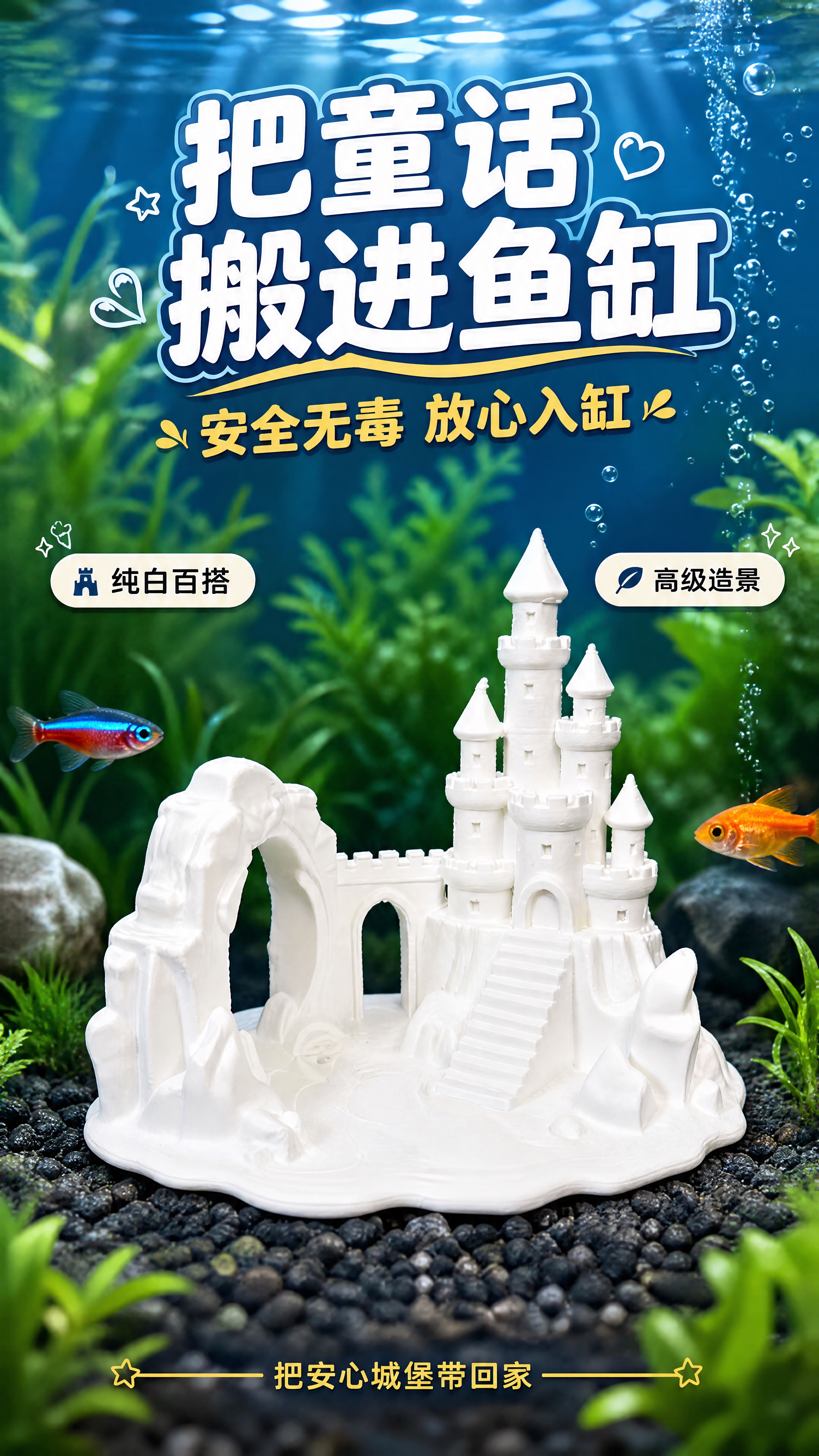 [商品] 使用【图1】白色城堡鱼缸躲避屋为产品本体，参考【图2… - 图片创意预览