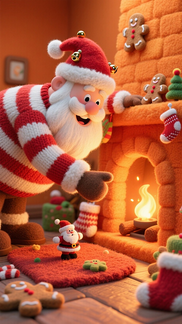 软3D风圣诞场景，毛发生长质感的圣诞老人与姜饼人互动，温馨喜庆，卡通可爱，暖色系光影烘托节日氛围。