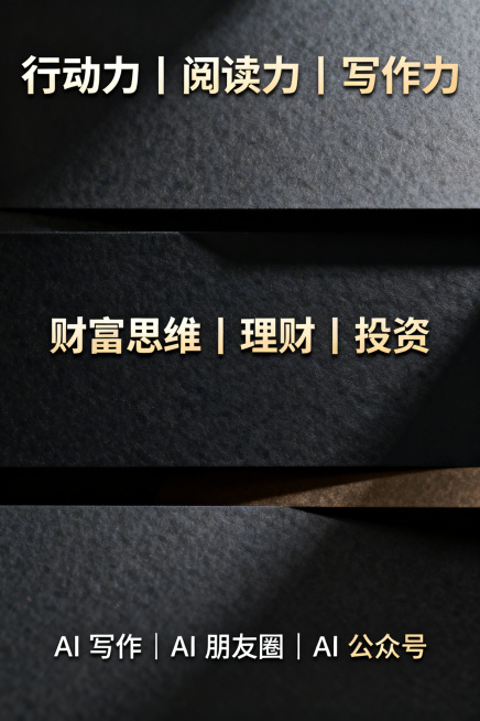 知识分享类海报，画面简洁有质感，顶部用醒目字体呈现"行动力｜阅读力｜写作力"，中间部分展示"财富思维｜理财｜投资"，底部放置"AI 写作｜AI 朋友圈｜AI 公众号"，整体采用沉稳商务配色，排版清晰层预览效果