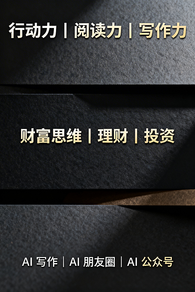 知识分享类海报，画面简洁有质感，顶部用醒目字体呈现"行动力｜阅读力｜写作力"，中间部分展示"财富思维｜理财｜投资"，底部放置"AI 写作｜AI 朋友圈｜AI 公众号"，整体采用沉稳商务配色，排版清晰层次分明