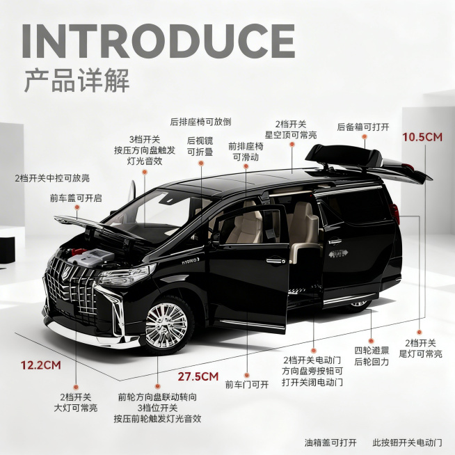 保持原有文字"INTRODUCE 产品详解"及所有标注文字、尺寸信息、和主体黑色埃尔法汽车模型不变，换成全新的极简摄影风格预览效果