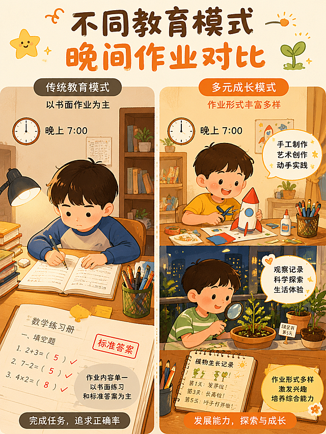 童趣手绘插画，不同教育模式晚间作业对比，左图：晚上七点，小学生坐在书桌前做书面作业，作业本上印着标准答案；右图：晚上七点，小学生在做手工，或者阳台观察植物生长，作业形式丰富多样，左右分栏，暖色调，活泼可爱，适合小红书分享配图