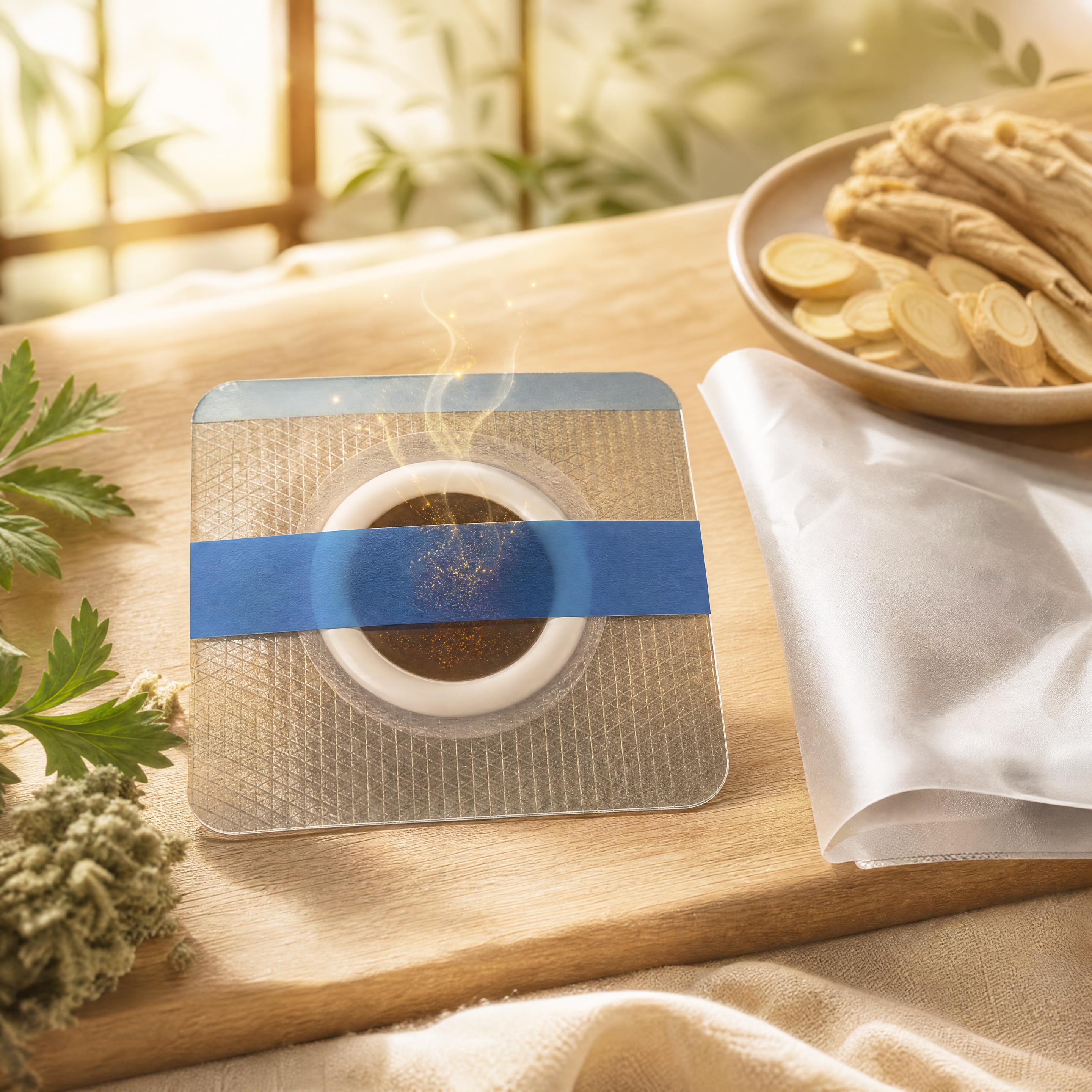 三伏贴膏药撕开后展示图，膏药严格参照上传产品图，完整保留所有可… - 图片创意预览
