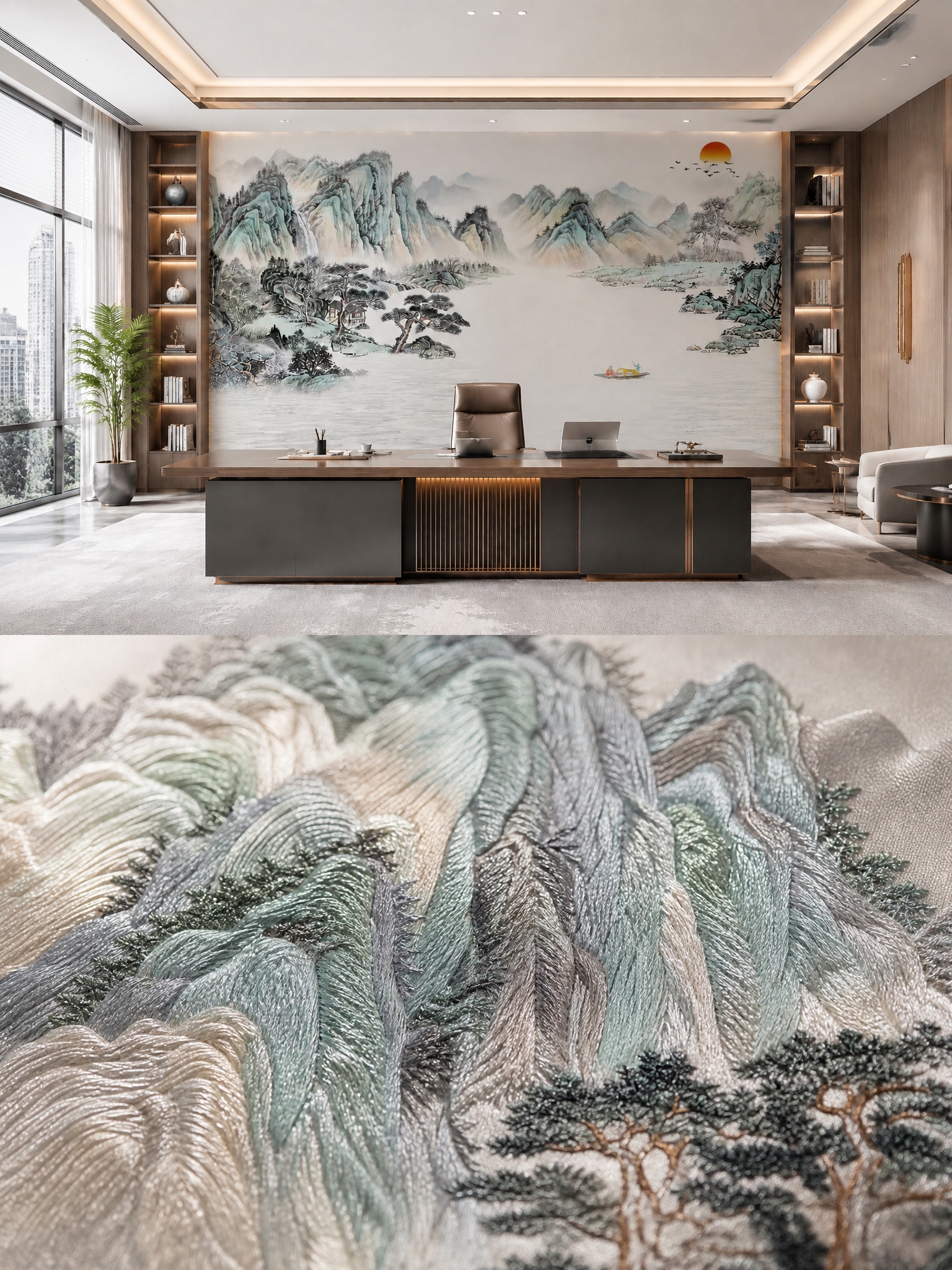 画面上下分屏拼接，上半部分保留原图中现代办公室的完整场景与青绿… - 图片创意预览