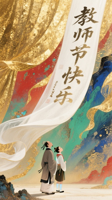 一个小小的夫子，旁边是一个学生。金色纱幔，写满毛笔字，神秘氛围，巨大的纱幔飞舞飘逸，强烈的立体感，渐变，白色，梦幻，意境。仰视，宏大场面，红绿蓝金，教师节快乐预览效果