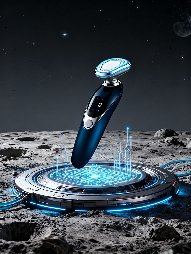 未来科技风星际场景，整体配色为深灰调星际地貌 + 冷蓝霓虹光效，色调冷峻赛博朋克感；采用平视中景视角，中心构图聚焦主体区域；场景包含月球 / 类地行星崎岖地貌、星空背景、环形科技悬浮平台（全息投影光效向上光效、带发光电路、延伸管线）；主体呈倾斜悬浮姿态，位于平台中央的光效矩阵上方，在画面中占比约 40%，与平台的发光结构形成科技联动关系；主体融入星际科技装置环境，光线为冷调环境光 + 平台霓虹光源，营造未来感实验氛围，渲染质感为超写实 CG，细节纹理锐利，光影层次分明。